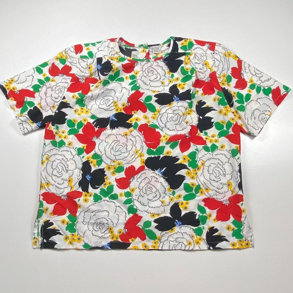 Josephine Vintage Floral Blouse Short Sleeve Shoulder Pads White Red Green Sz 14